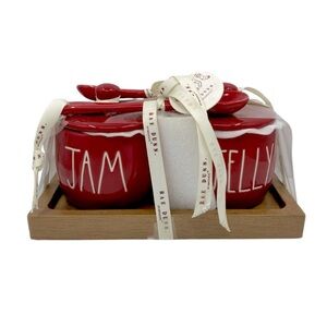 Rae Dunn Jam & Jelly Red Ceramic Condiment Set with Lids & Spoons Wooden Tray